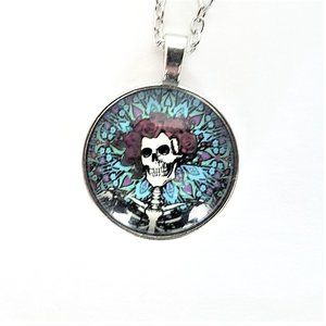 Grateful Dead Skull & Roses Cabochon Necklace Silver Stainless Steel Chain NWOT